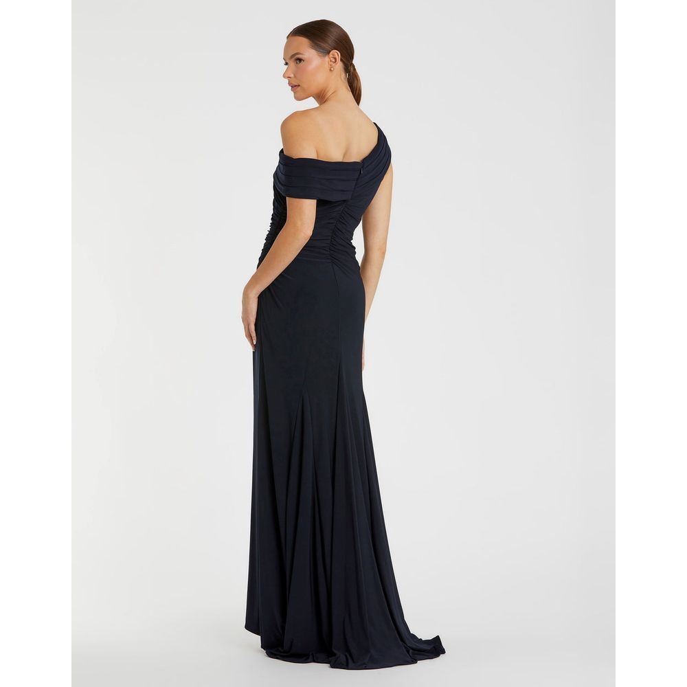 Mac Duggal Ieena NEW Navy Foldover Off-the-Shoulder Slit Jersey Gown - Size 16 - Picture 12 of 15